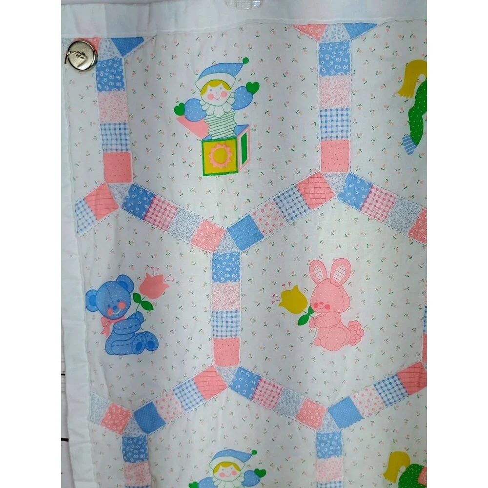 Vintage Baby Quilt Green Yellow Horse Pink Bunny Blue Polka dot Bear Tulips Flow